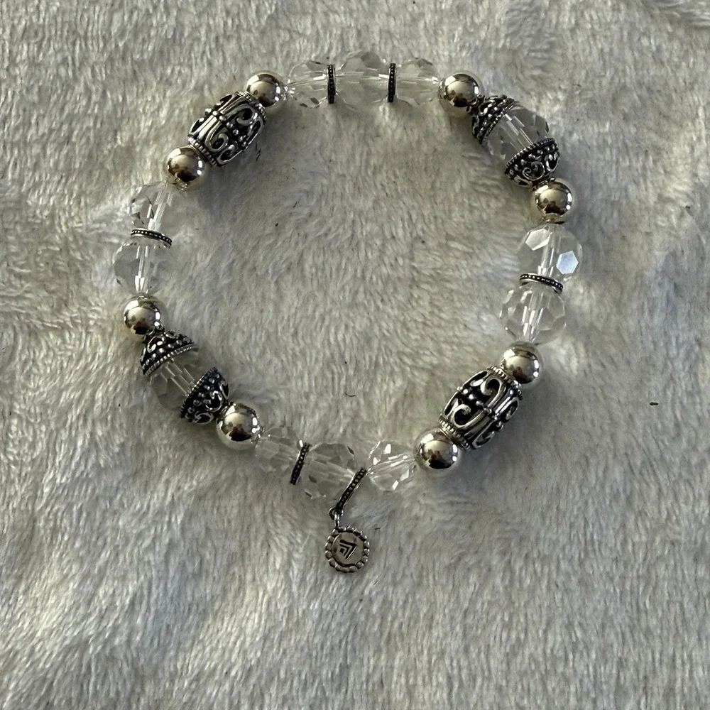 Signed Designer Clear Crystal Beaded Stretch Bracelet Silver Tone Filigree